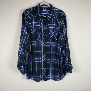 Torrid Blue Black Plaid Challis Camp Button Up Long Sleeve Shirt Size 3X